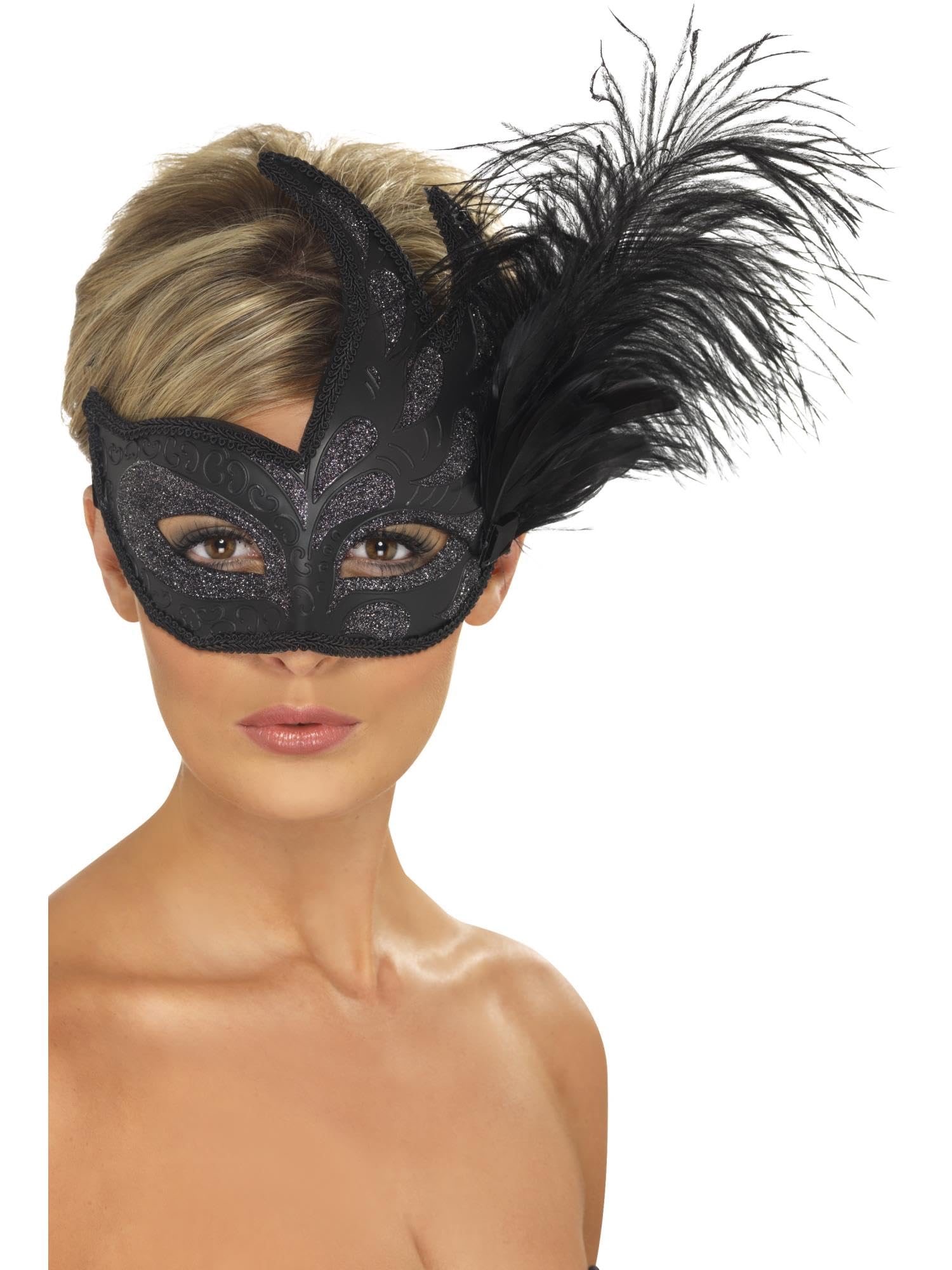 Smiffys Ornate Colombina Feather Mask, Black , Eyemasks Fancy Dress, Adult Dress Up Eye masks Halloween