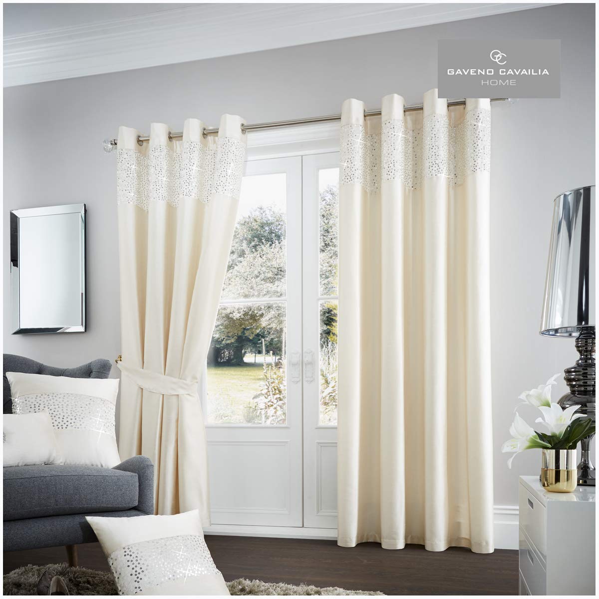 Gaveno Cavailia Aviv Eyelet Curtains Champagne, 100% Polyester Luxury Ring Top Drapery with Matching Tie Backs, Two 66"x54" Glamorous Panels, Easy Care Window Treatment, 66x54 Inches