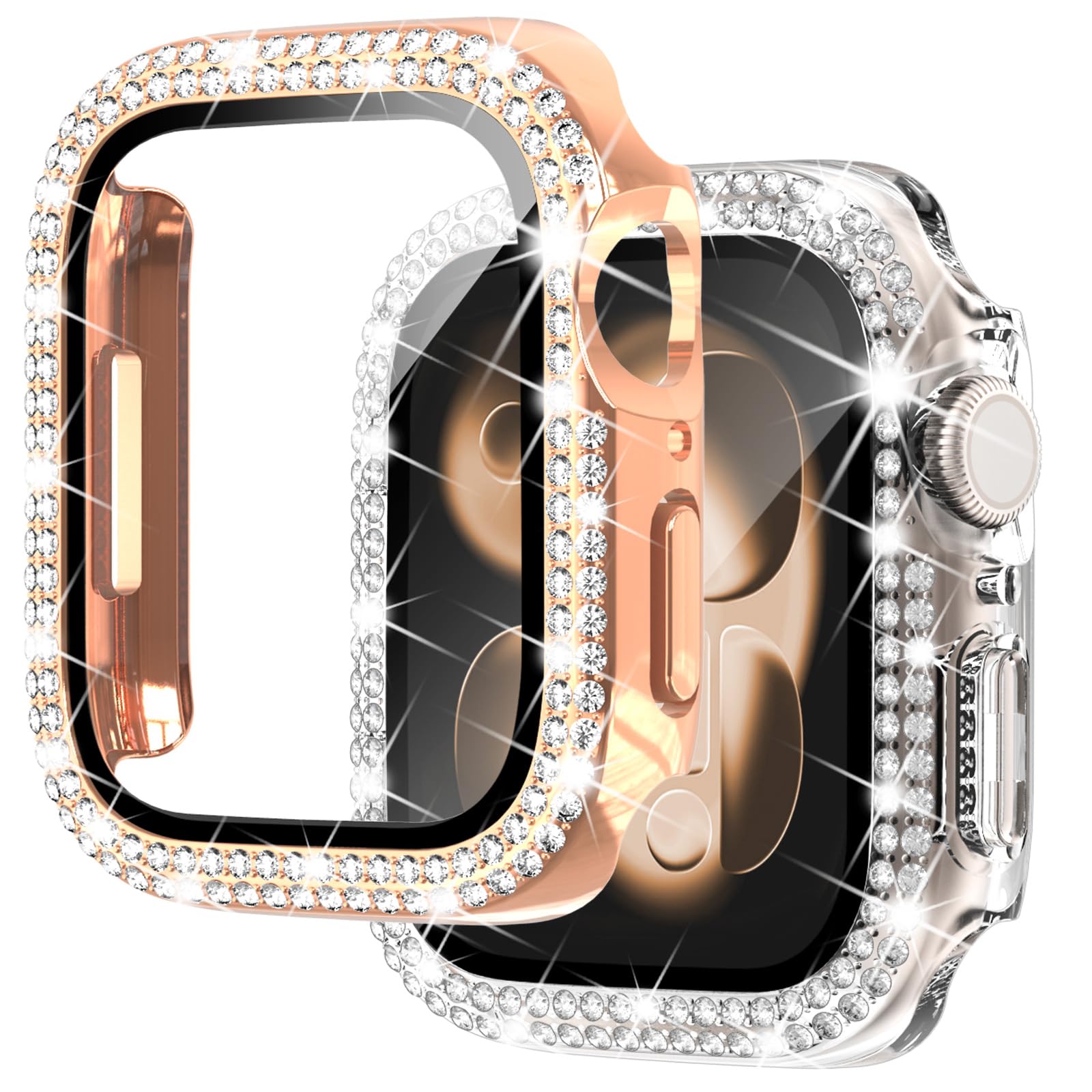 NewWays 2 Pack Compatible with Apple Watch Case 40mm Built-in Screen Protector,Women Diamond Bling Cases for iWatch Series SE(2025-2020) 6 5 4,RoseGold/Clear