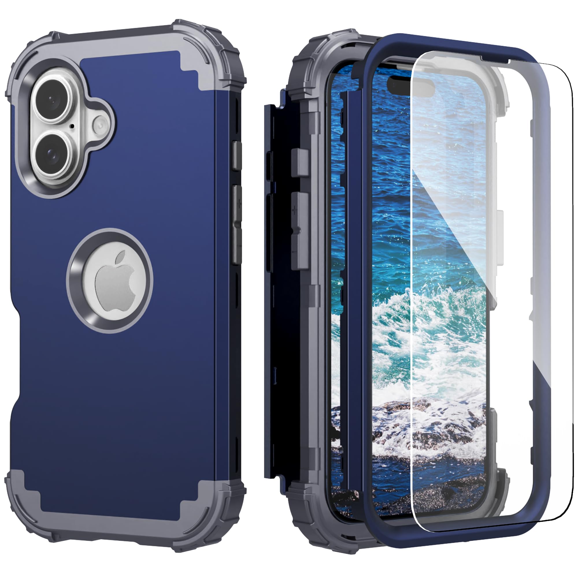 IDweel for iPhone 16 Case with Screen Protector, 3 in 1 Shockproof Slim Fit Hybrid Heavy Duty Hard PC Cover Soft Silicone Bumper Full Body Anti-Fingerprint Case, Blue