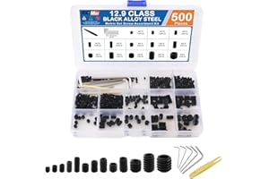 EilxMag 500PCS Set Screws, 13 Sizes Metric Set Screw Assortment Kit, M3, M4, M5, M6, M8 Allen Head Hex Socket Head Grub Screws for Bathroom Fixtures, Alloy Steel Black(5 Wrenches, 1 Tweezer)