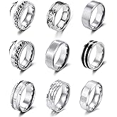 YOVORO 9Pcs Stainless Steel Band Rings for Men Women Fidget Anxiety Relief Rings Spinner Ring Wedding Promise Rings Set