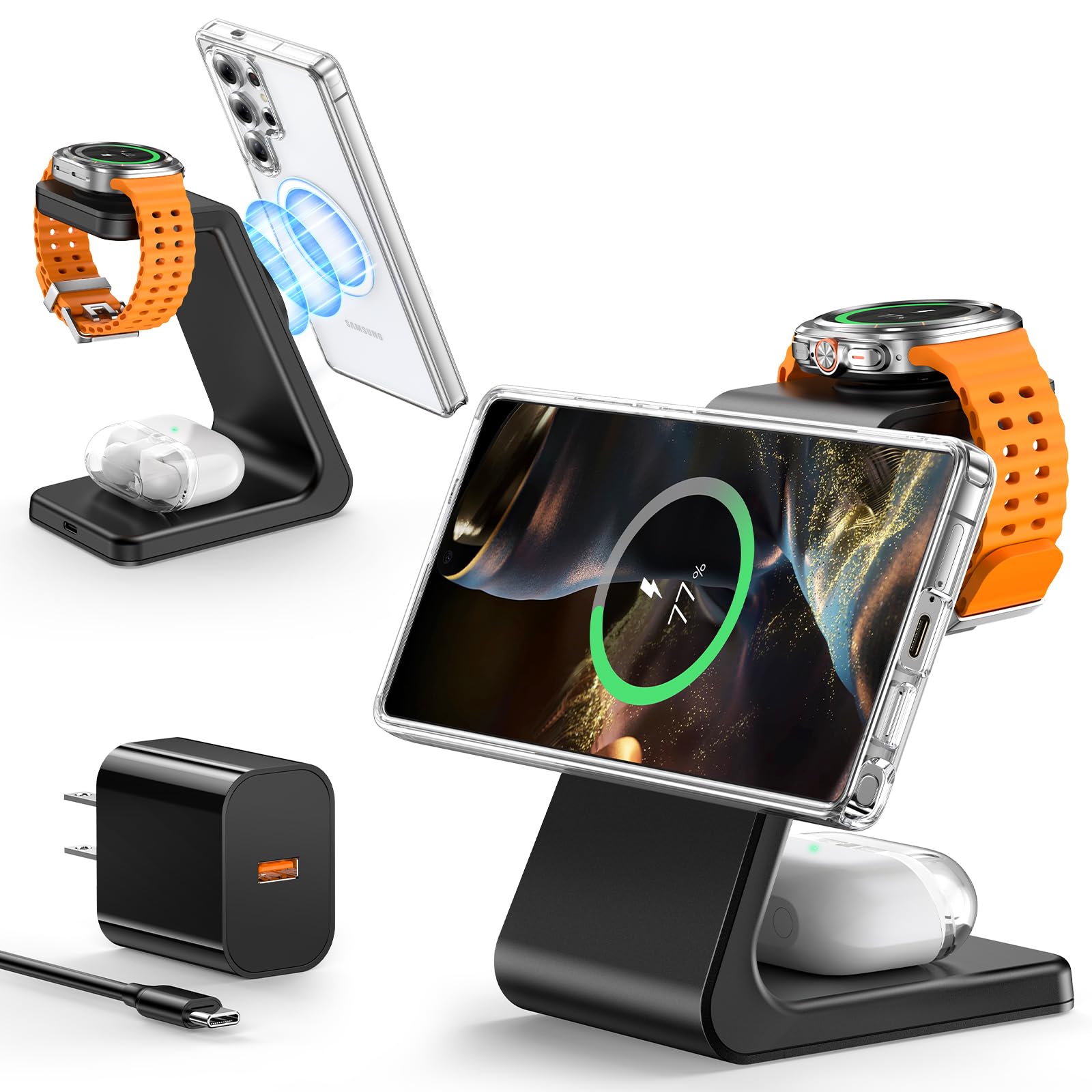 Photo 1 of Magnetic Wireless Charger Compatible with Samsung Devices, 3 in 1 Mag-Safe Charging Station for Galaxy S25 Ultra S24 S23 S22/Z Fold Flip 7/6, Galaxy Watch Charger for Galaxy Ultra, Galaxy Buds