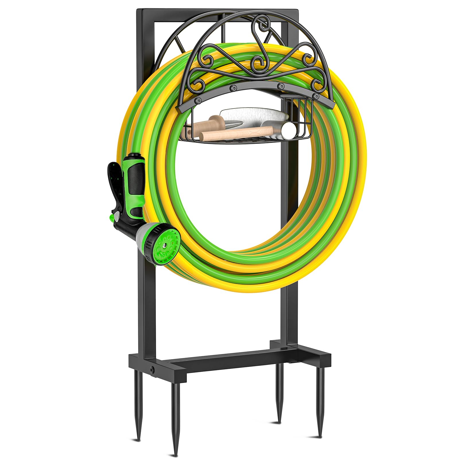 Photo 1 of TUSPEU Garden Hose Holder,Heavy Duty Freestanding Detachable Storage Reel Stand,Upgraded 4 Spikes Hose Hanger for Outside Yard Lawn (Floral with Storage Basket)