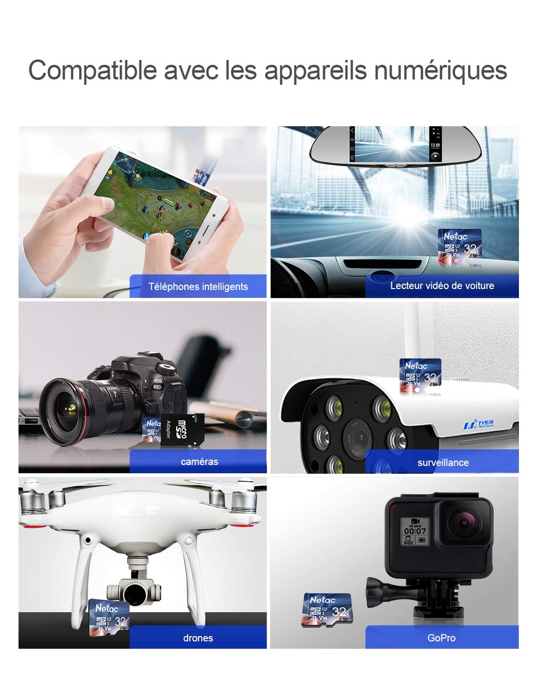 Netac Carte mémoire microSDHC, 32G Haute Vitesse UHS-I Carte Micro SD jusqu\'à 90MB/S, A1, U1, C10, V10, FHD, 600X Carte TF pour Drone/Dash Cam/Camera/Phone/Nintendo-Switch/PC/Tablette