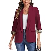 MINTLIMIT Women Casual 3/4 Sleeve Leopard Cuff Blazers Open Front Shoulder Pad Blazer Shawl Collar Office Jacket Pockets