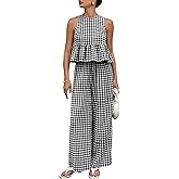 Tanming Women's 2 Piece Set Outfits Gingham Plaid Tank Tops Wide Leg Pants Matching Lounge Sets