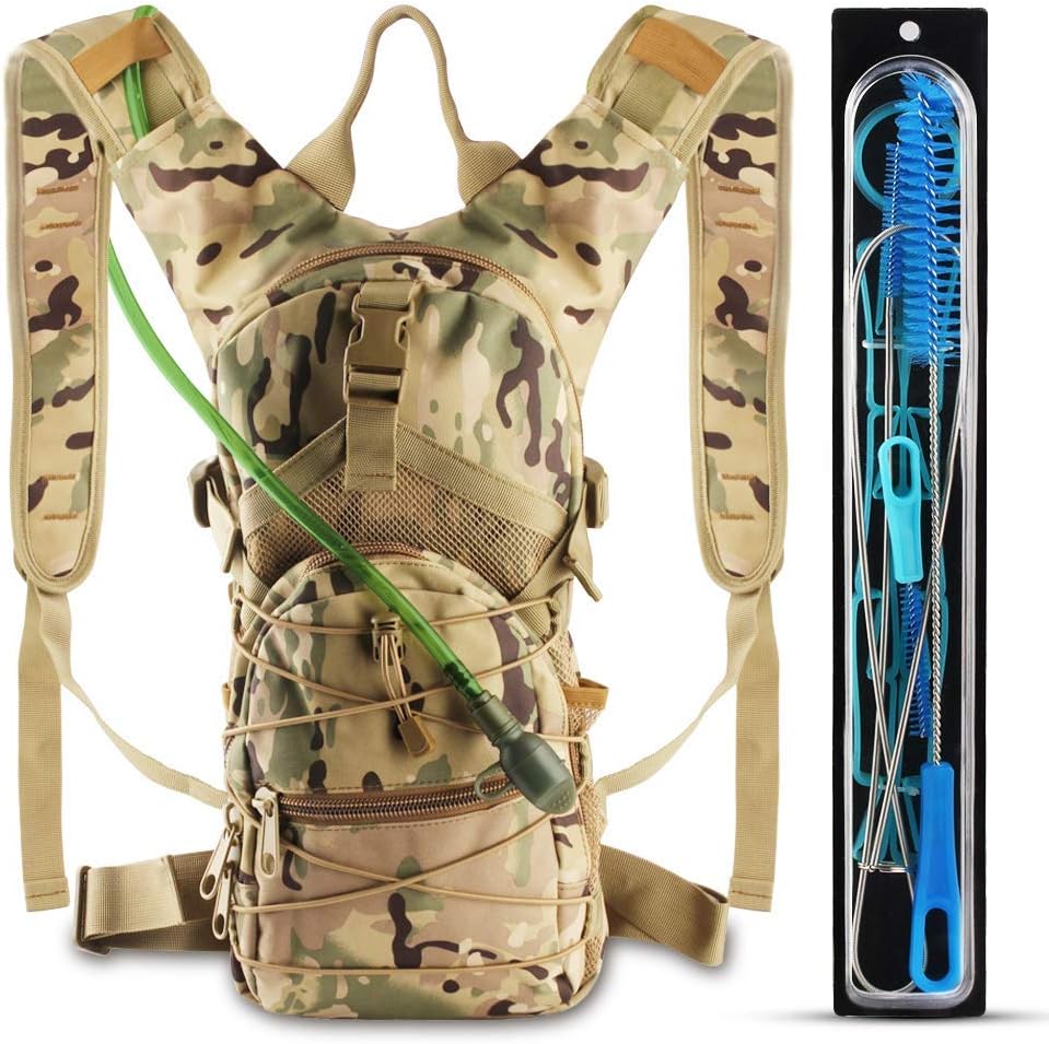 AnoKe Hydration Pack, Water Backpack with 3 L Water Bladder Day Pack Perfect for Hiking, Running, Cycling, Climbing, Hunting, and Outdoor Activities, Included 4 in 1 Bladder Cleaning Kit-Camouflage
