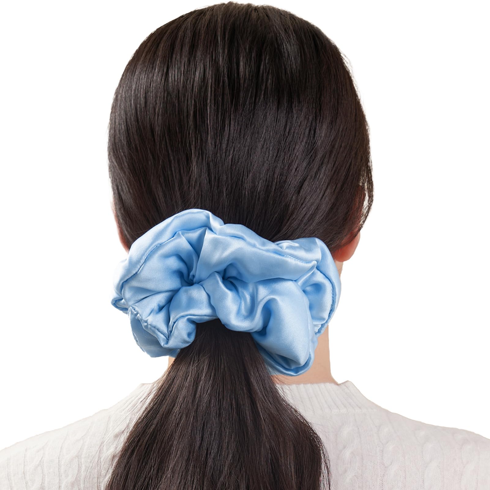 Photo 1 of LilySilk Large Mulberry Silk Scrunchies for Hair Sleeping Big Hair Ties Women's 100% Silk Ponytail Holders Oversized Scrunchie Jumbo Giant Ice Blue