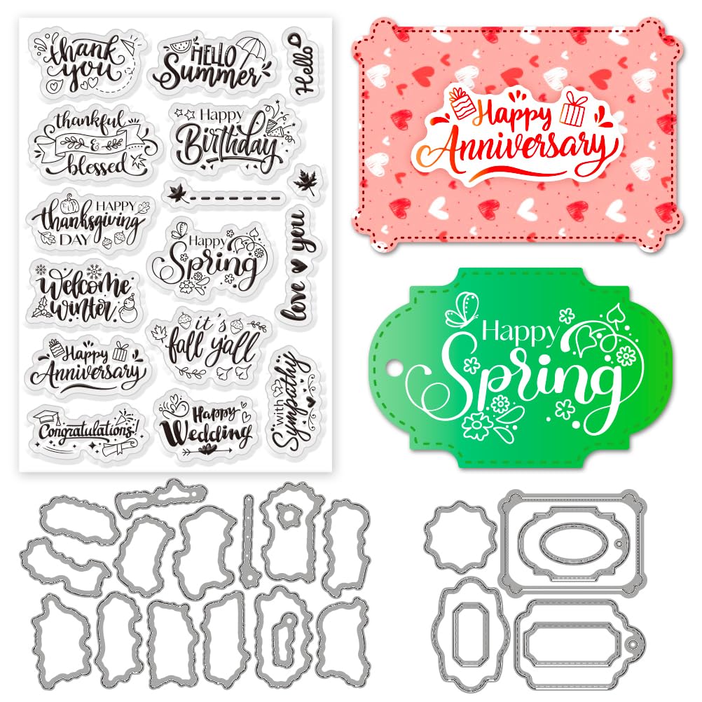 INFUNLY 3pcs Word Stamps and Dies for Card Making Blessing Words Cutting Die and Stamp Set Happy Spring Clear Stamps Label Die Cuts Happy Wedding Silicone Stamp for DIY Scrapbooking Photo Album Craft