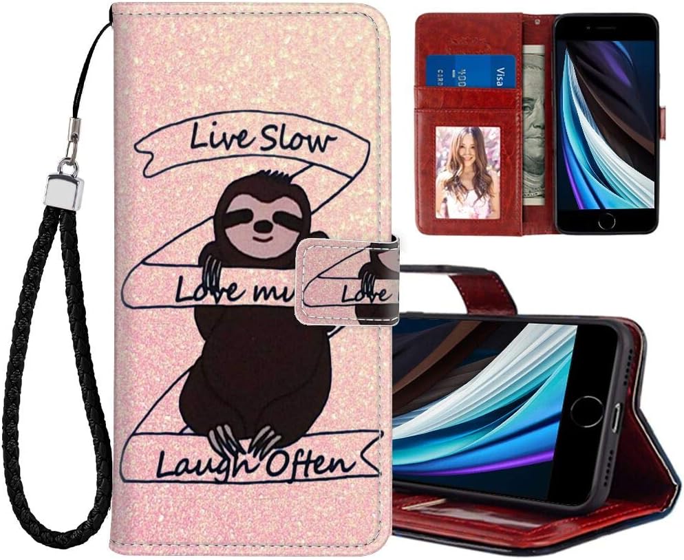 Wallet Case with Magnetic Closure for iPhone SE (2020) [4.7inch] Sloth Feature
