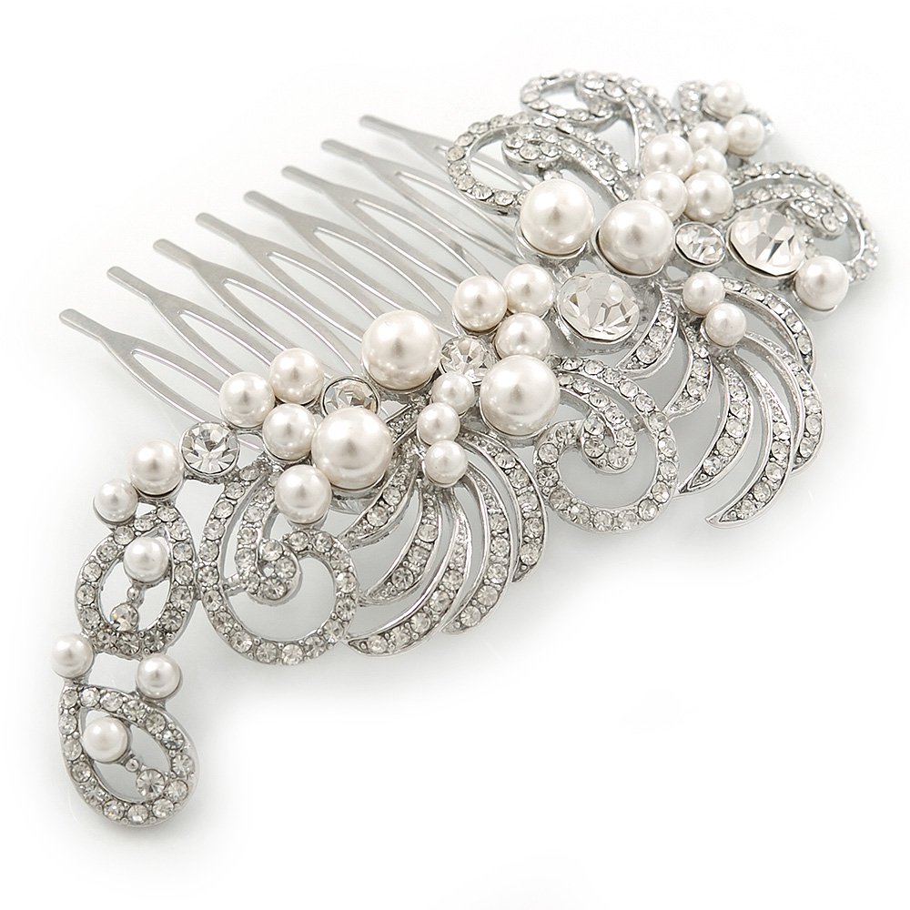 Avalaya Bridal/Wedding/Prom/Party Rhodium Plated Clear Crystal, Simulated Pearl 'Feather' Hair Comb - 100mm