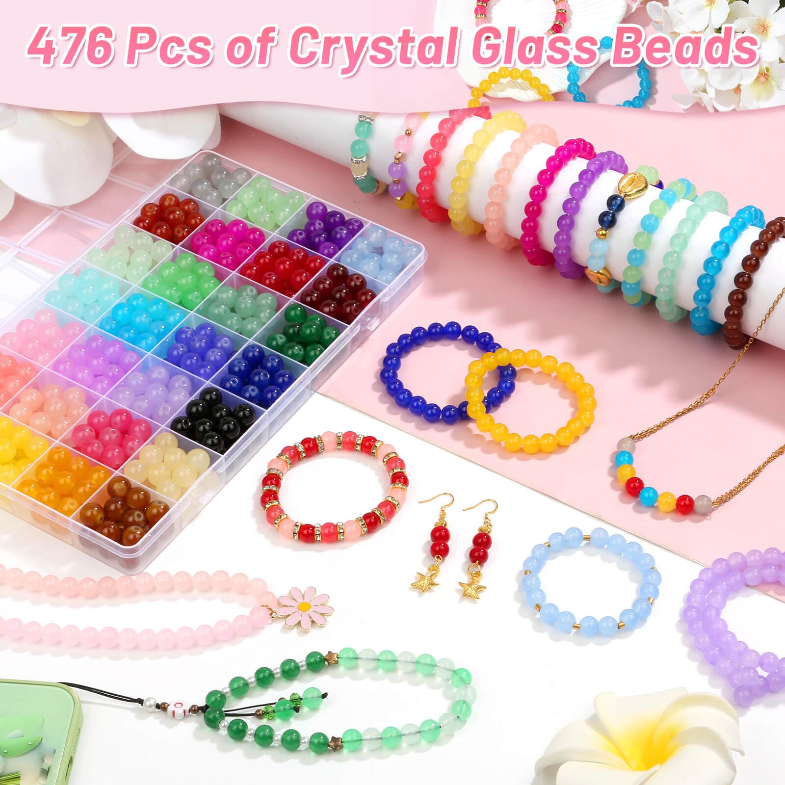 shynek 476 Pieces 10mm Round Glass Beads for Jewelry Making, 28 Colors Crystal Beads for Bracelets Jewelry Making and DIY Crafts