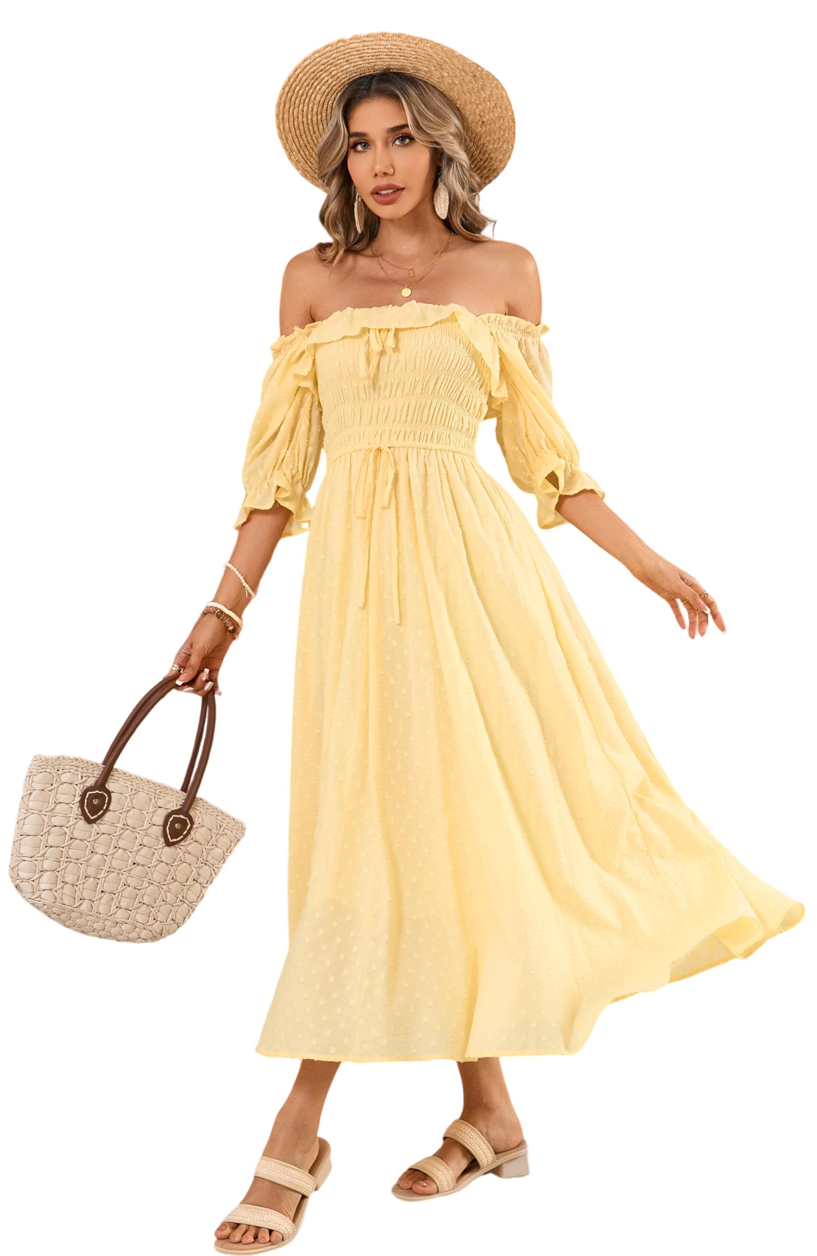 Photo 1 of R.Vivimos Women Summer Half Sleeve Cotton Ruffled Vintage Elegant Backless A Line Flowy Long Dresses (Medium, LightYellow#2)