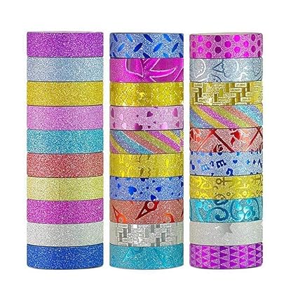 Success Stationery Colourful Decorative Adhesive Glitter Tape Rolls, Length 3m Each, Set of 30