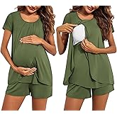 Ekouaer Women's Maternity Nursing Pajamas Set Breastfeeding Sleepwear Double Layer Short Sleeve Top & Shorts Nursing Pjs