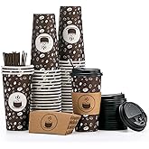 JOLLY PARTY Disposable Coffee Cups with Lids, Sleeves and Straws - 20oz(50 Pack) Paper Cups with Lids, Hot Coffee Cups for Shops, Cafes, and Concession Stands(Dark Brown)