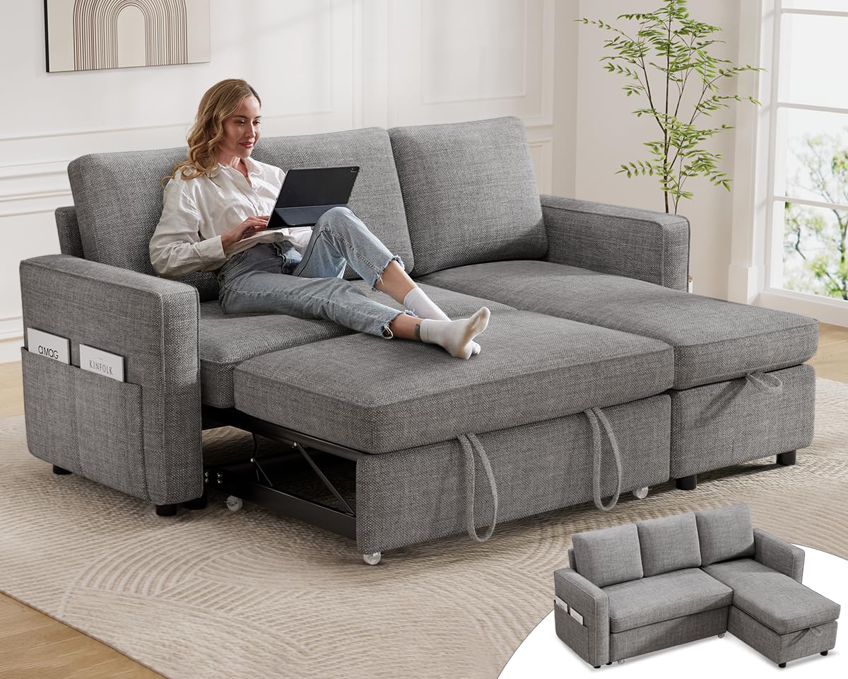 Photo 1 of **SIMILAR ITEMS** Vipbear 81" Sleeper Sofa Bed, 2 in 1 Pull Out Couch with Reversible Storage Chaise, Sectional L-Shaped Couch Sofa Sleeper with Side Pockets, Tool-Free Assembly, Light Grey