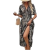 Floerns Women's Deep V Neck Long Dress Flutter Sleeve Ruched Split Side Vacation Maxi Dresses