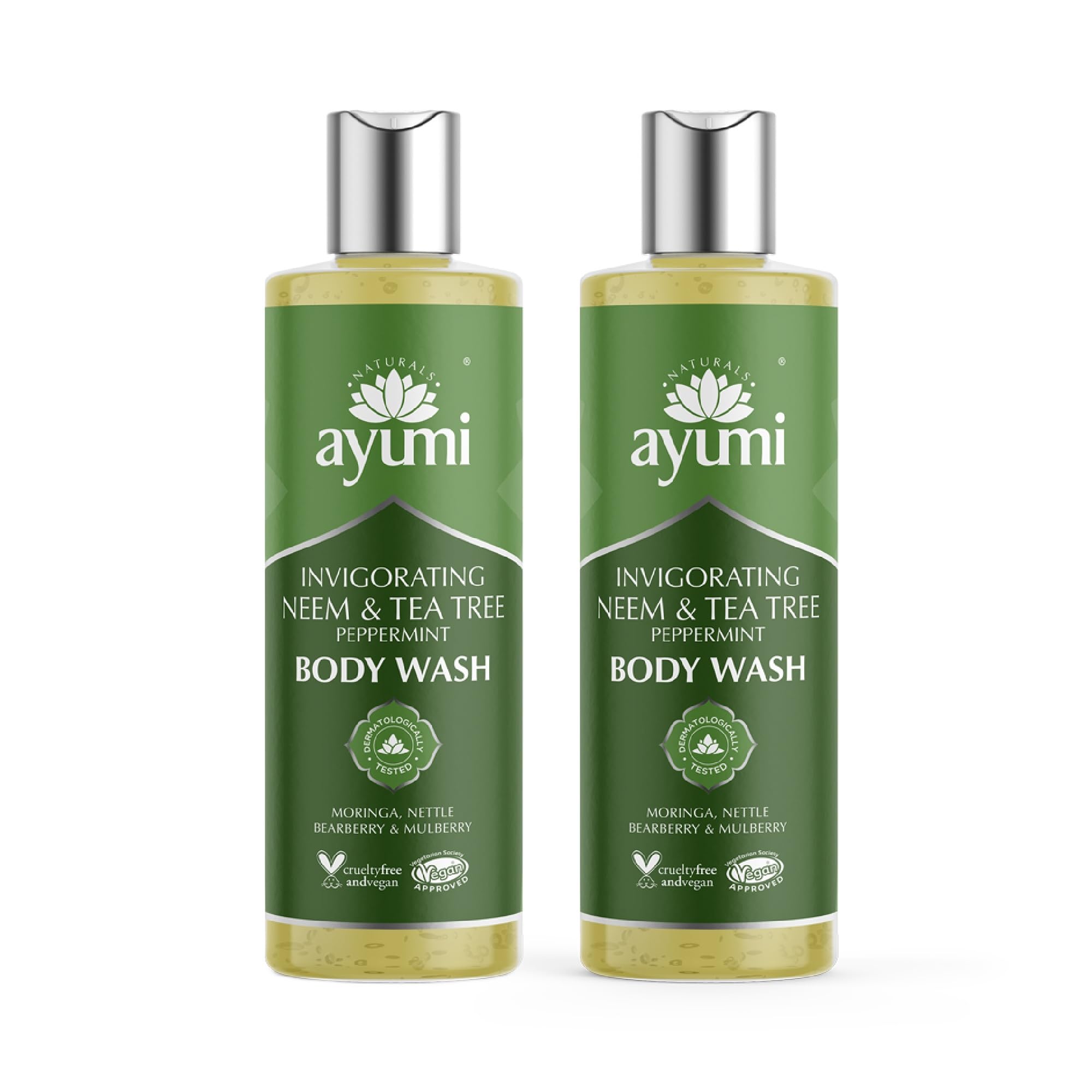 Ayumi Neem Body Wash for Oily Skin | Acne Body Wash with Tea Tree Oil | Itchy Skin Wash with Nettle Extract | Moisturising Shower Gel with Moringa Oil | Womens & Mens Shower Gel | 2x250 ml