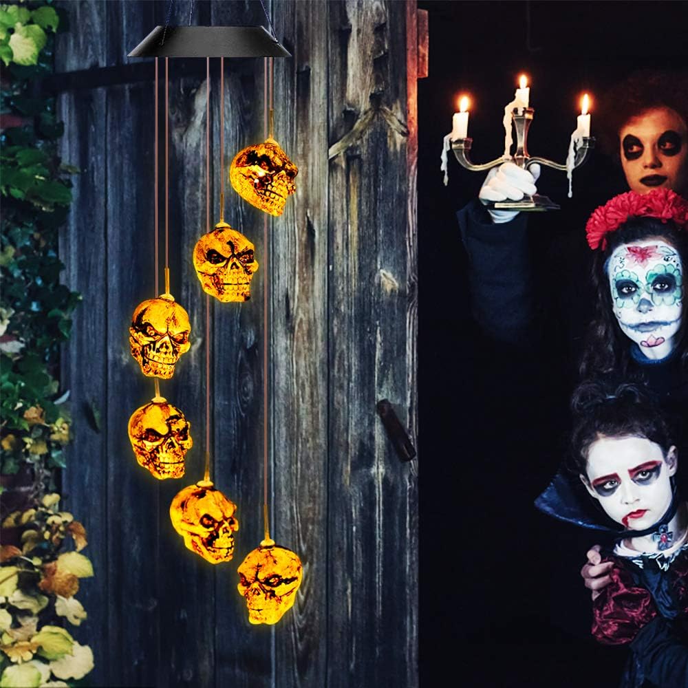 Halloween-Decorations-Outdoor-Lights, Solar Powered Skeleton Wind Chime Lights with 6 LED, Waterproof Solar Halloween Lights Decorations for Outdoor Halloween, Party, Christmas (Skeleton Decor ) : Garden & Outdoor