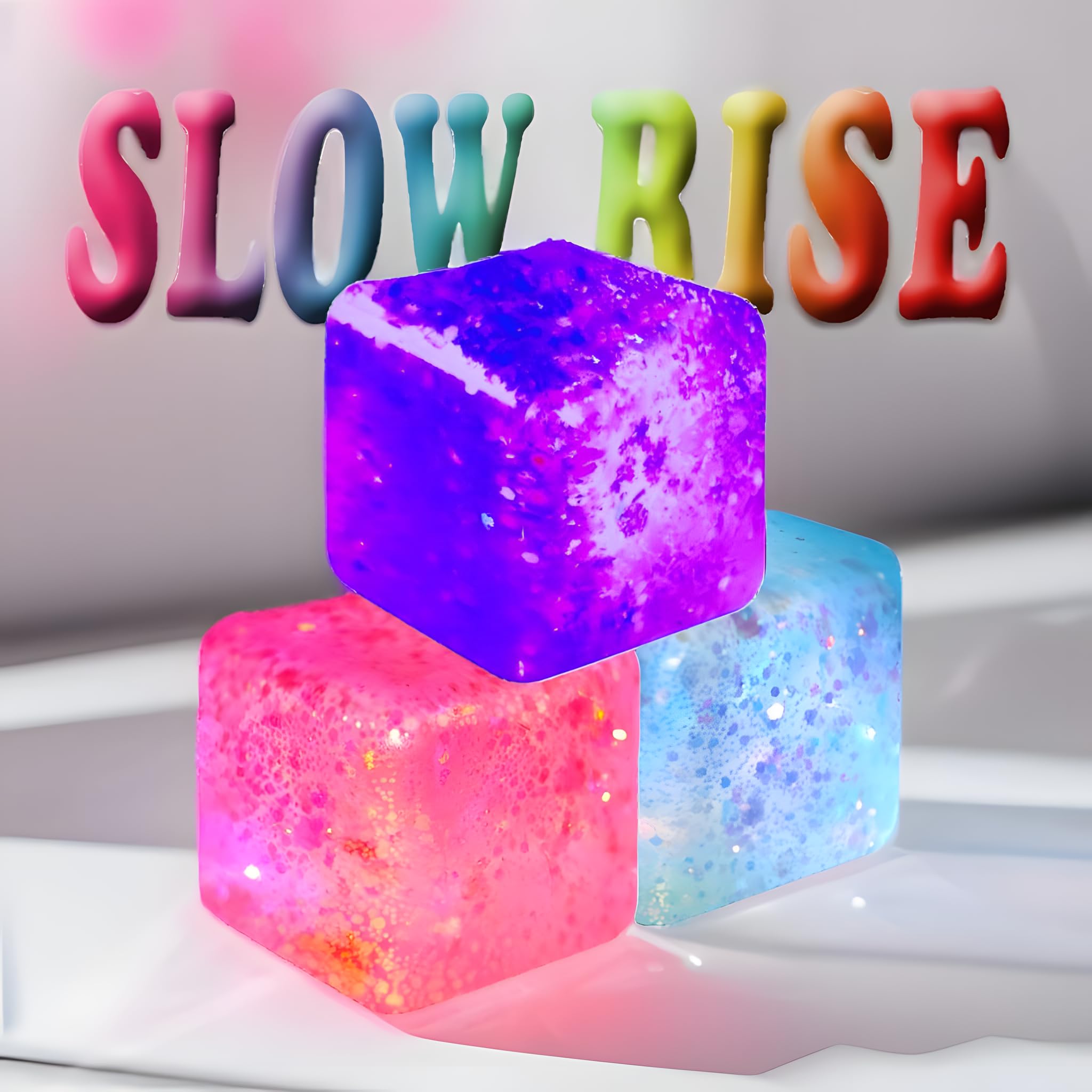 Photo 1 of Glitter Squishy Cube Pack of 3 - Fidget Toys for Kids, Slow Rise Stress Cubes for Adults, Ice Cube Squishy Malt Sugar Stress Balls for Anxiety Relief & Classroom Fidget(Blue/Pink/Purple)