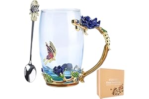 Tea Cup Coffee Mug Cups, Mother's Day Gifts, 13oz Handmade Rose and Butterfly Tea Mug with Spoon, Unique Gift for Women Mom G