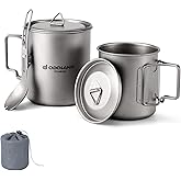 Odoland Camping Titanium Pot, 750ML and 420ML Titanium Mugs, Camping Titanium Coffee Cup with Lid and Spork, Foldable Handle 