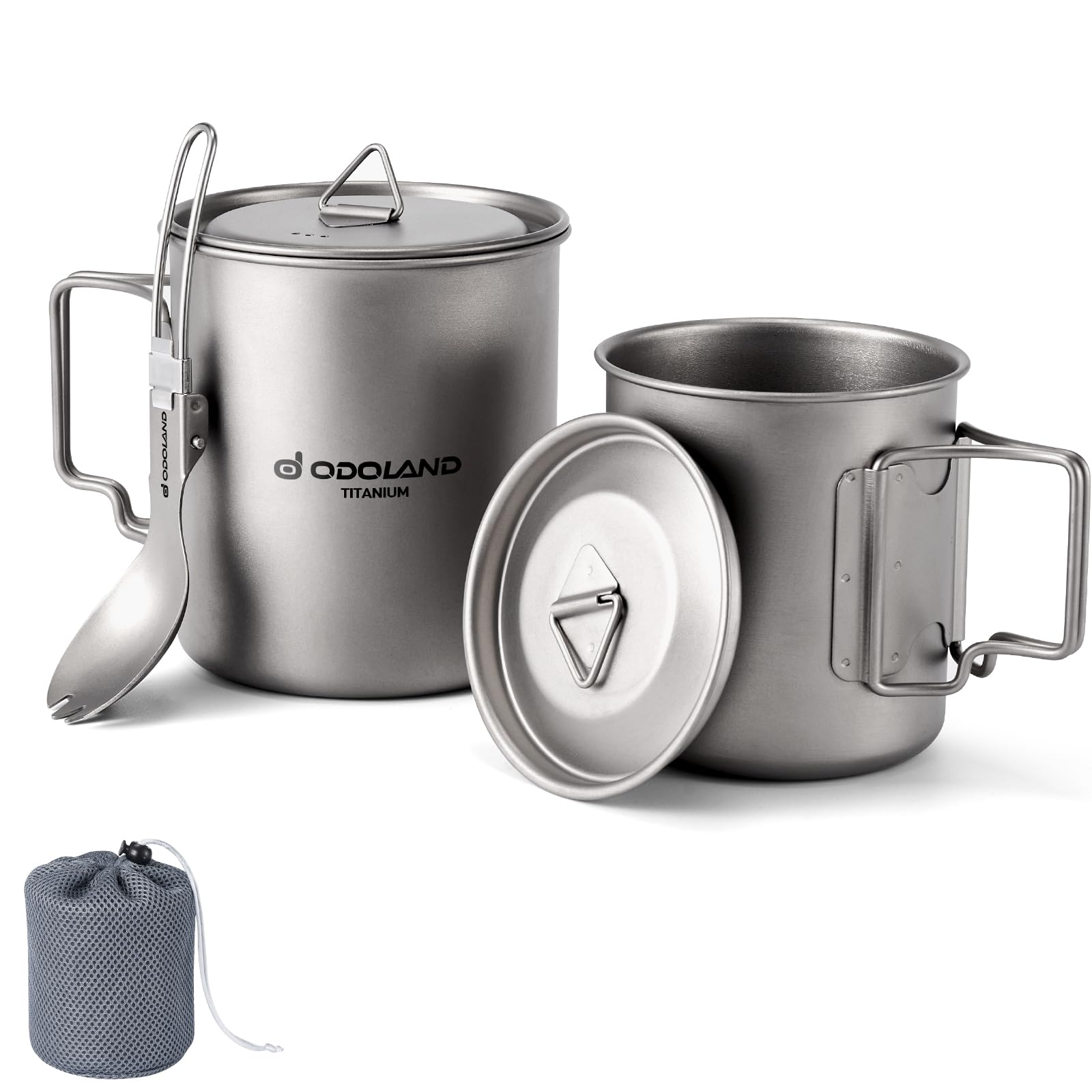 Odoland 750ML & 420ML Titanium Mugs, Camping Pot Coffee Cup with Lid and Spork, Foldable Handle for Camping, Hiking, Traveling and Backpacking