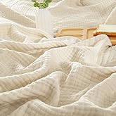 PHF 100% Cotton Muslin Throw Blanket 50" x 60", 4-Layer Lightweight Gauze Throw, Breathable Cloud-Soft Minimalist Blanket for Bed, Couch, Camping & Baby, Beige/Short Bread, Ideal Gift