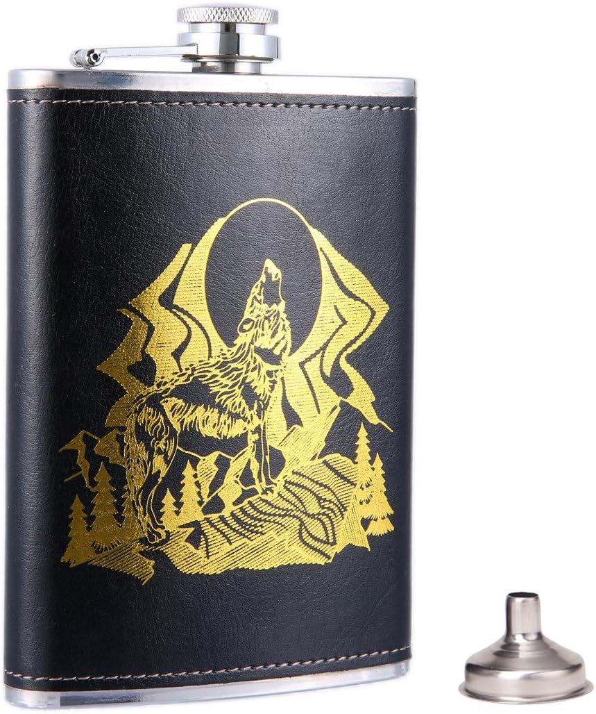 Taneaxon 9 oz Gold Wolf Pattern Pocket Hip Flask with Funnel - Stainless Steel with Leather Wrapped