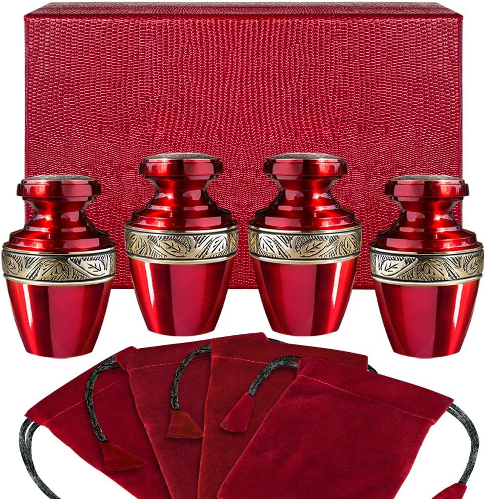Serenity Red Small Mini Keepsake Urn for Human Ashes - A Beautiful Urn to Honor Your Loved One Lost - Set of 4 - with Velvet Bag