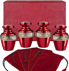 Serenity Red Small Mini Keepsake Urn for Human Ashes - A Beautiful Urn to Honor Your Loved One Lost - Set of 4 - with Velvet Bag