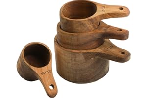 Lyellfe Set of 4 Acacia Wood Measuring Cups, Stackable Kitchen Measure Tool with Handle, Baking and Cooking Measuring Set, Ha