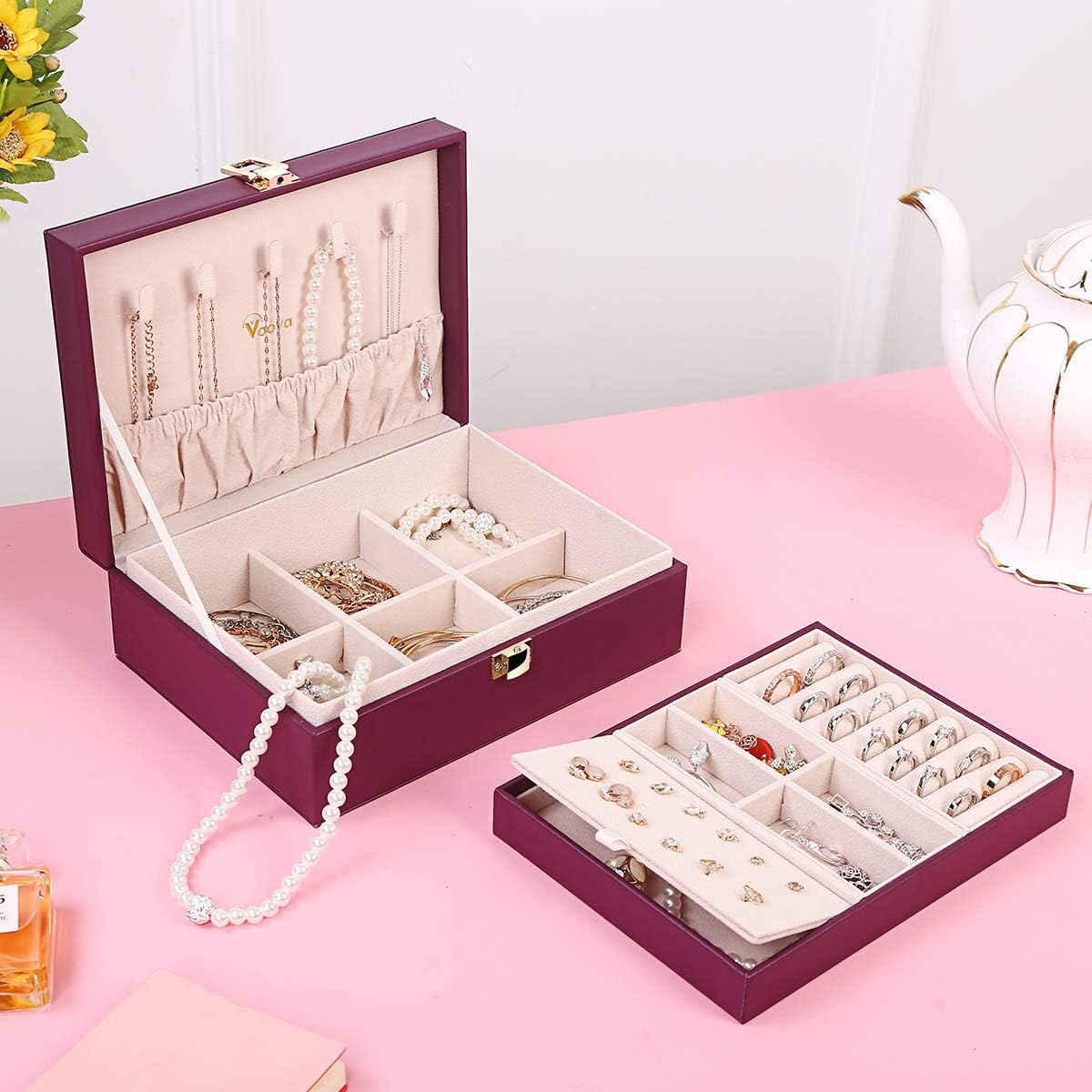 Voova Jewelry Box Organizer for Women Girls, 2 Layer Large Men Jewelry Storage Case, PU Leather Display Jewel Holder with Removable Tray for Necklace Earrings Rings Bracelets, Vintage Gift, Purple: Home Improvement