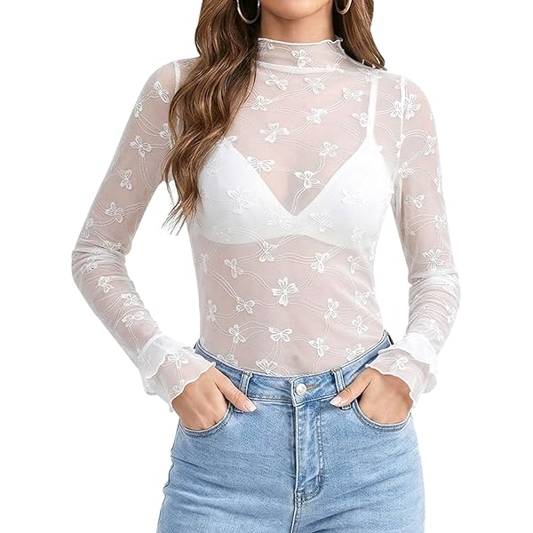 Naileksi Women Long Sleeve Sheer Mesh Top Mock Neck See Through