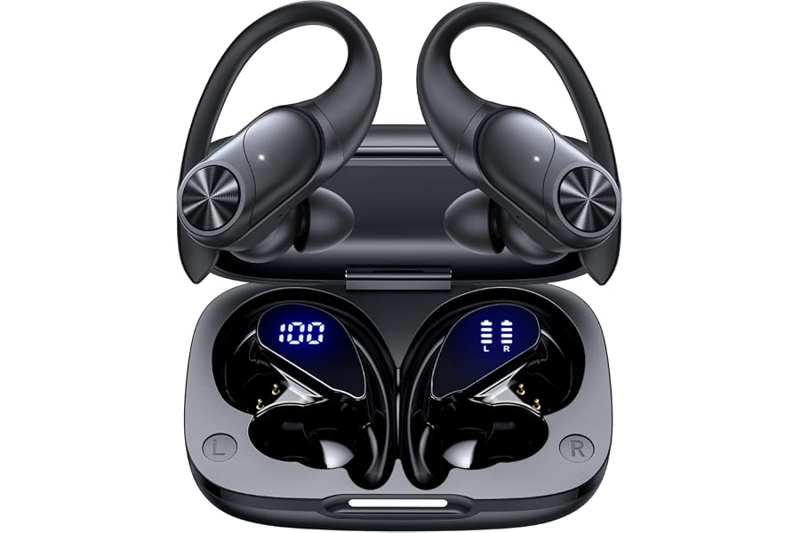 PocBuds Bluetooth Headphones Wireless Earbuds 80hrs Playtime Wireless Charging Case Digital Display Sports Ear Buds with Earhook Deep Bass IPX7 Waterproof Over-Ear Earphones for TV Phone Laptop Black