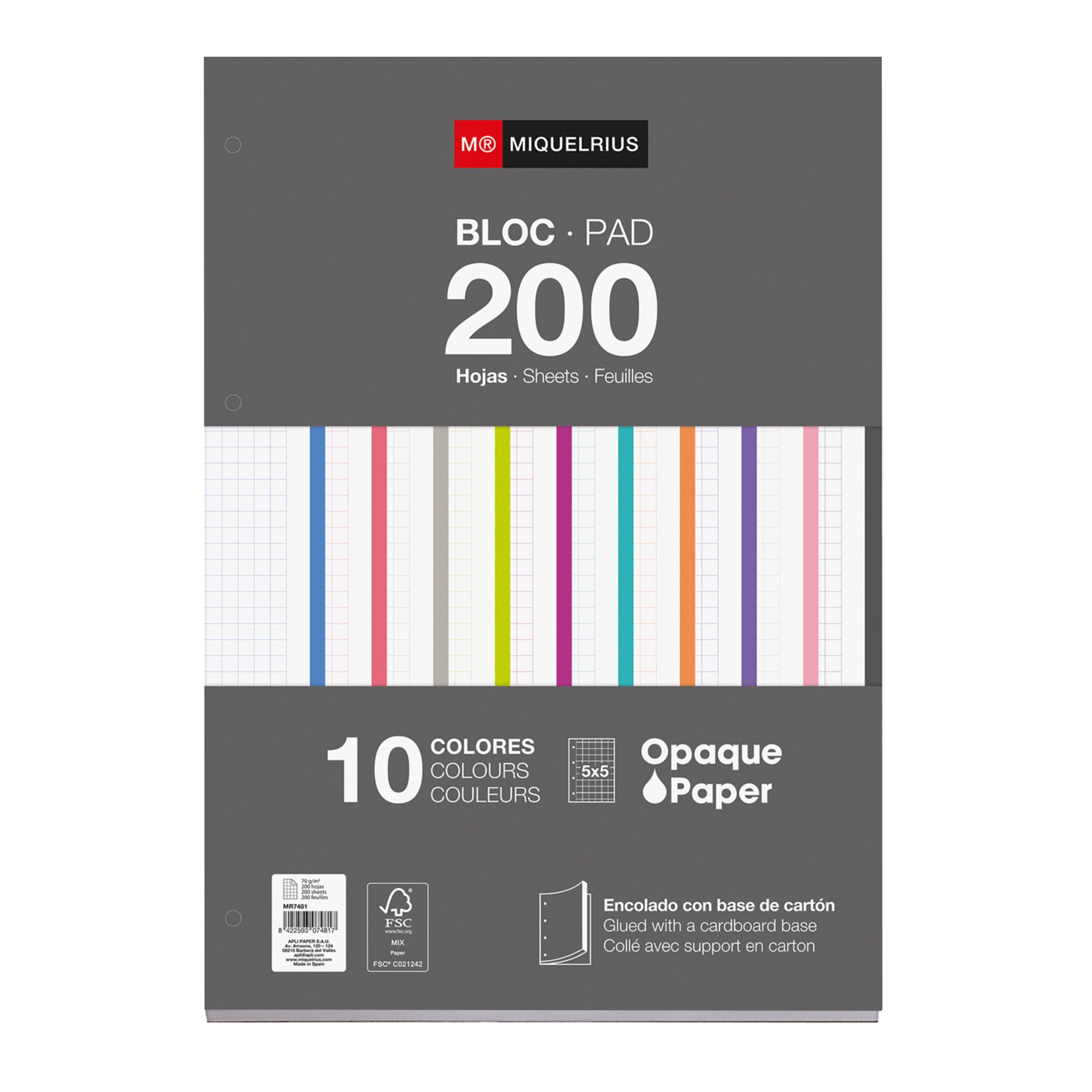 Miquelrius - A4 Replacement Pad, 200 Squared Sheets 5 x 5 mm, 90 g/m², Punched for Folders, 10 Colours, School Supplies
