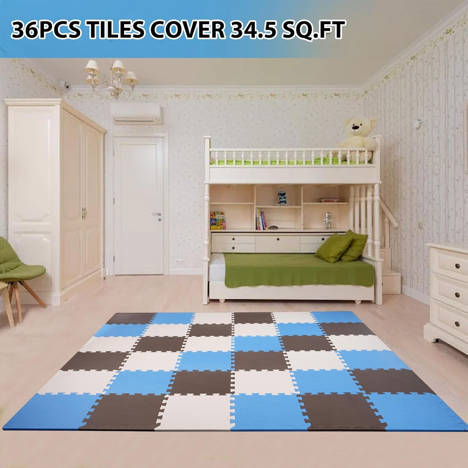 BalanceFrom Puzzle Play Mat, 36-Pc Interlocking Foam Floor Tiles, Blue/Brown/Beige - Playroom Tile Flooring Mats for Indoor and Outdoor Playpen and Playground
