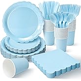 Vyntra 350 Pcs Light Blue Disposable Paper Plates and Napkins Set for 50, 9" Dinner Plates & 7" Dessert Plates, Tableware for Baby Shower, Birthday, Picnic, Party