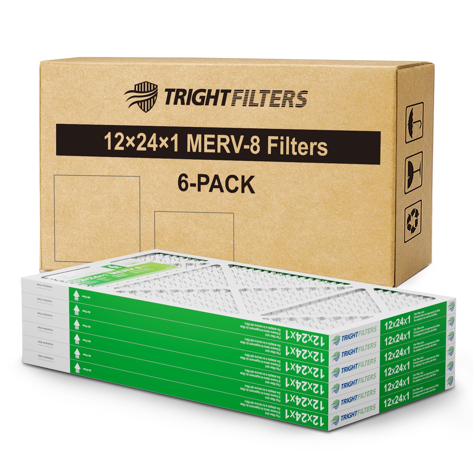 TRIGHTFILTERS 12x24x1 Air Filter, Pleated MERV 8 Replacement Filter for HVAC, Air Conditioner and AC Furnace, 6 Pack (exact dimensions 11.81×23.78×0.79)