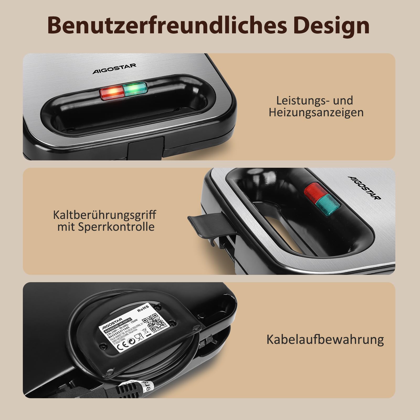 Aigostar Sandwichmaker für 2 Sandwiches, Sandwichtoaster mit Antihaft-Keramikbeschichtung, automatische Temperaturregelung 180-200℃, Kontrollleuchten, Cool-Touch-Griff, 750W, Edelstahl/Schwarz 6
