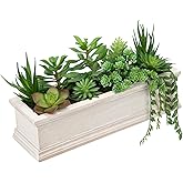 GnFlus Artificial Succulents Fake Plants in White Rectangular Wooden Pots Artificial Potted Succulents Faux Plants Arrangement for Table Centerpiece Farmhouse Shelf Mantel Tropical Greenery Decor
