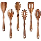 KARRYOUNG Acacia Wooden Spoons for Cooking – 6-Piece Wooden Kitchen Utensil Set with Spatula, Slotted Spoon & Pasta Fork