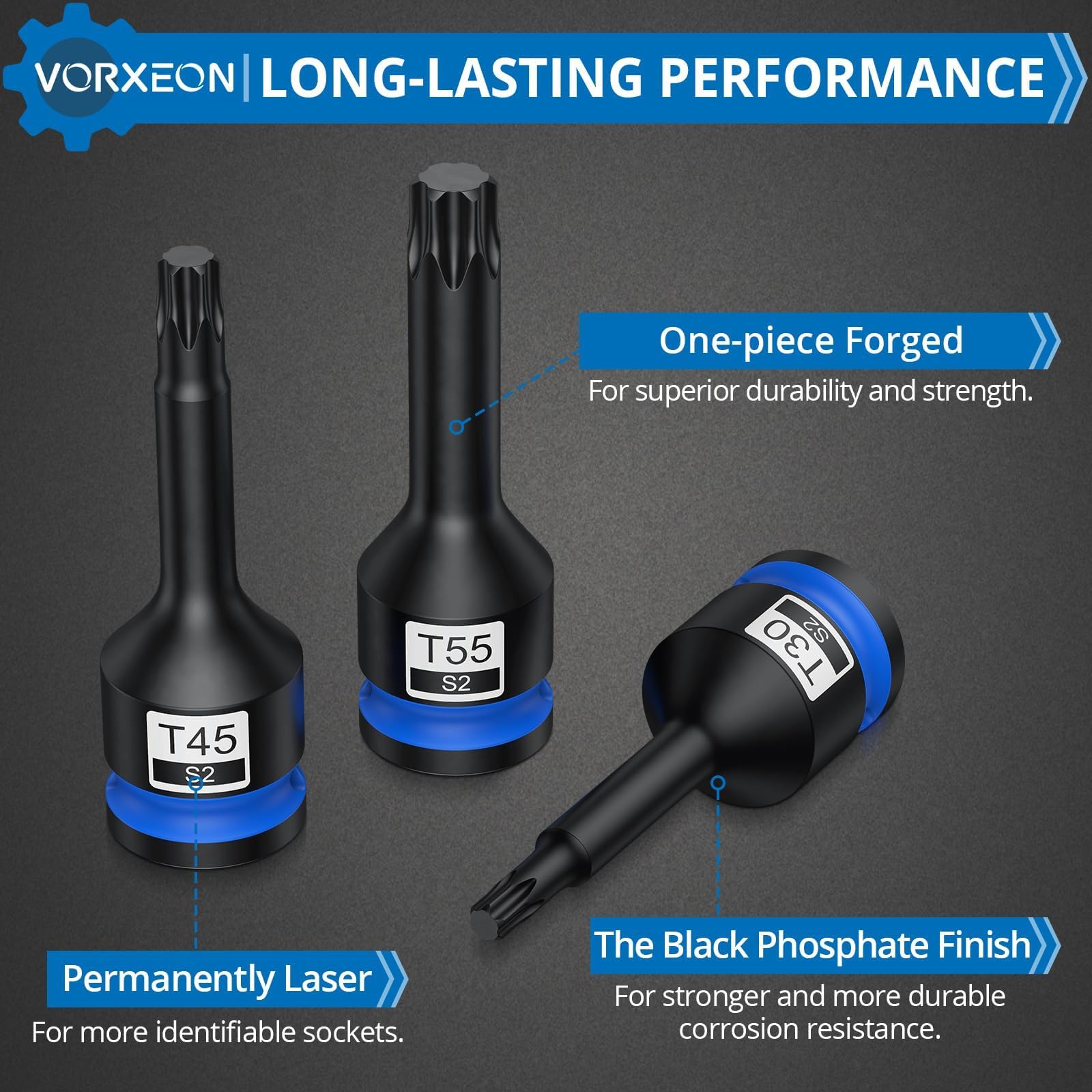 VORXEON 8-teiliges 1/2 Torx-Steckschlüssel-Set en S2 Stahl s*per Hard T30 T40 T45 T50 T55 T60 T70 T80 1/2 Drive Impact Star Bit Steckschlüssel-Set mit Aufbewahrungskoffer für elektrische 4