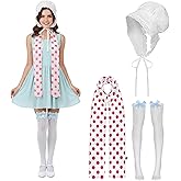 Zalbuqu 3-Piece Polka Dot Scarf and Blue Bow Stockings with Vintage Style White Colonial Cotton Bonnet Costume Accessories Set