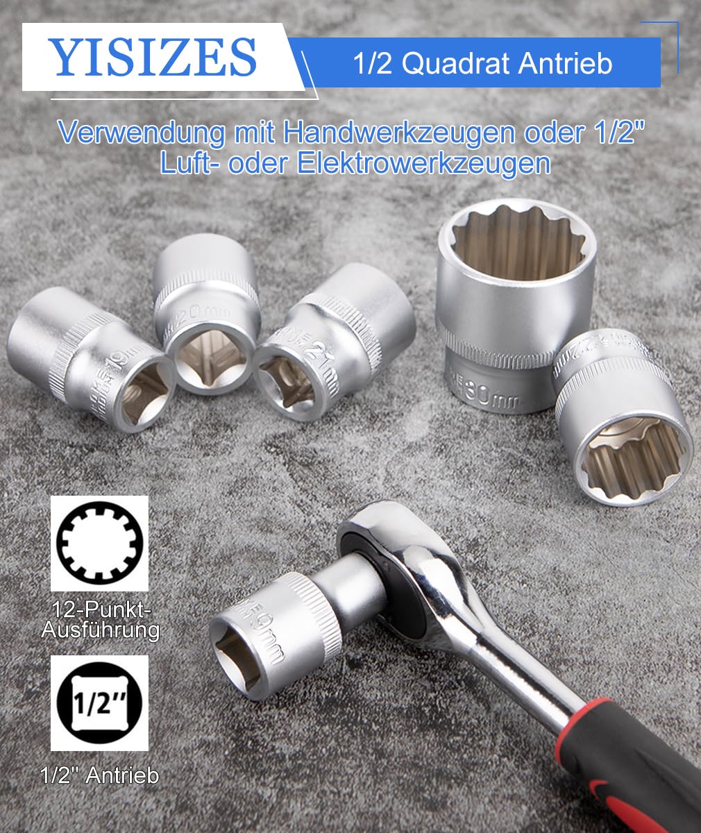 21tlg 1/2'' Vielzahn Nuss Satz,Vielzahn Steckschlüssel Nusskasten, Steckschlüssel Set 8-36mm 12 Kant Außenvielzahn Torx Stecknüsse Satz Stecknuss Nusskasten Universal Satz 3