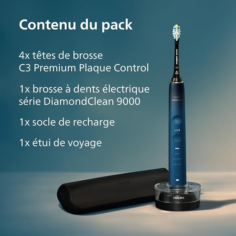 Sonicare DiamondClean 9000 - Brosse à dents électrique avec application, Édition spéciale, Capteur de pression, Socle de charge, Bleu marine, modèle HX9911/89