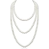 Long Pearl Necklaces for Women Cream White Faux Pearl Strand Layered Necklace Costume Jewelry