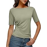 DCCISU Women's Boat Neck Top Half Sleeve Ruched Side Fitted T-Shirt Basic Casual Slim Tee